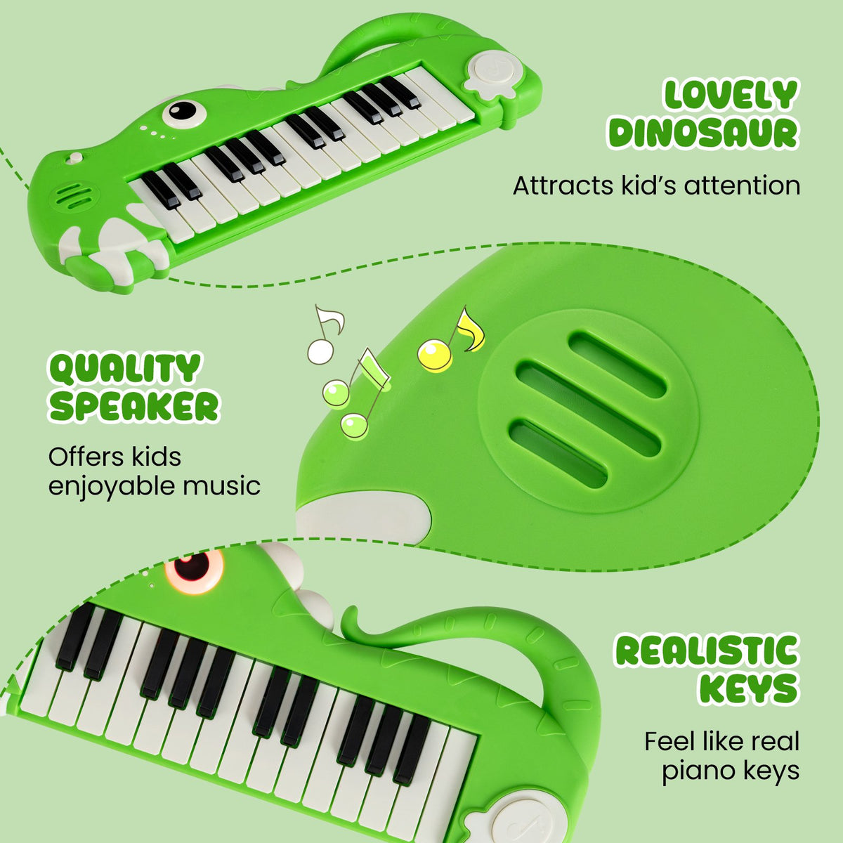 25-Key Kids Piano Keyboard Dinosaur Shape Toy Digital Piano with Built-in Music & Light-Green view 6