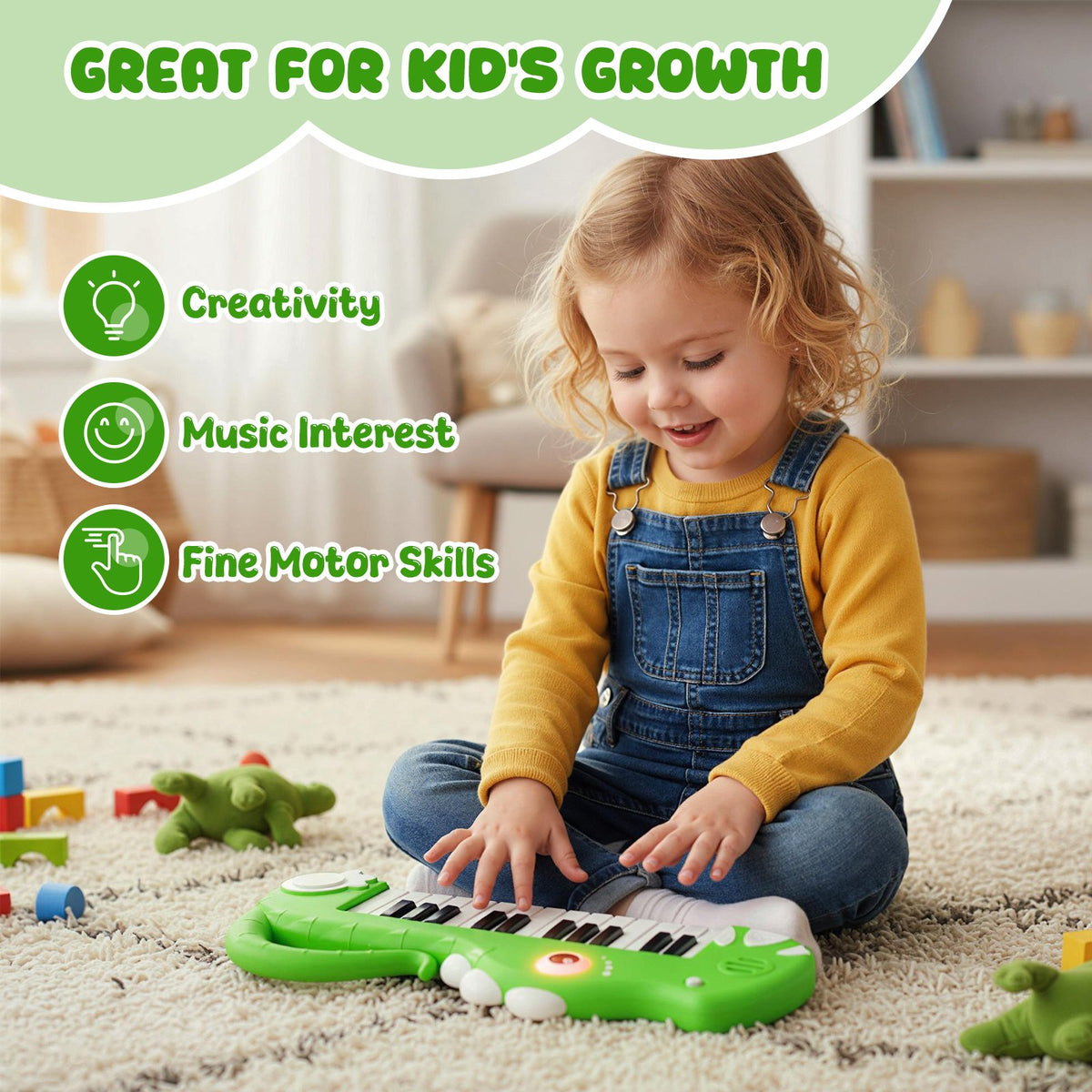 25-Key Kids Piano Keyboard Dinosaur Shape Toy Digital Piano with Built-in Music & Light-Green view 7