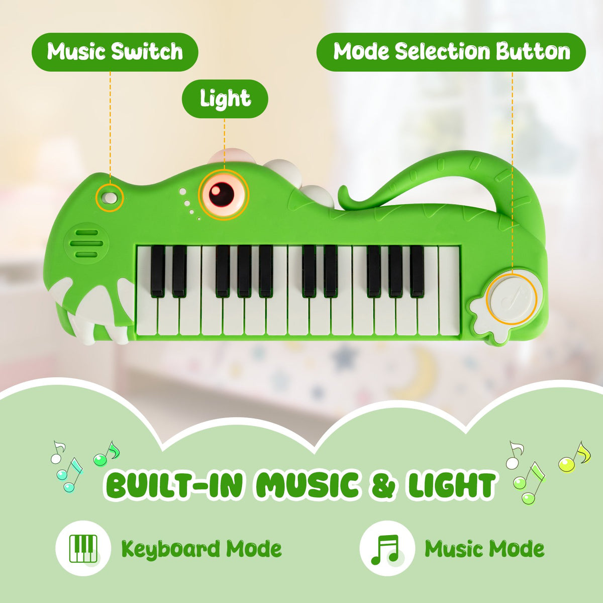 25-Key Kids Piano Keyboard Dinosaur Shape Toy Digital Piano with Built-in Music & Light-Green view 8
