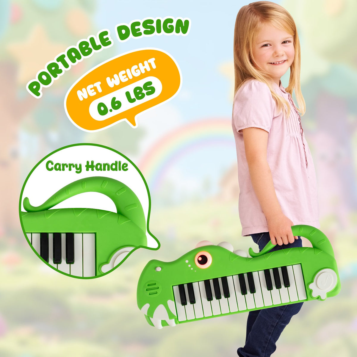 25-Key Kids Piano Keyboard Dinosaur Shape Toy Digital Piano with Built-in Music & Light-Green view 9