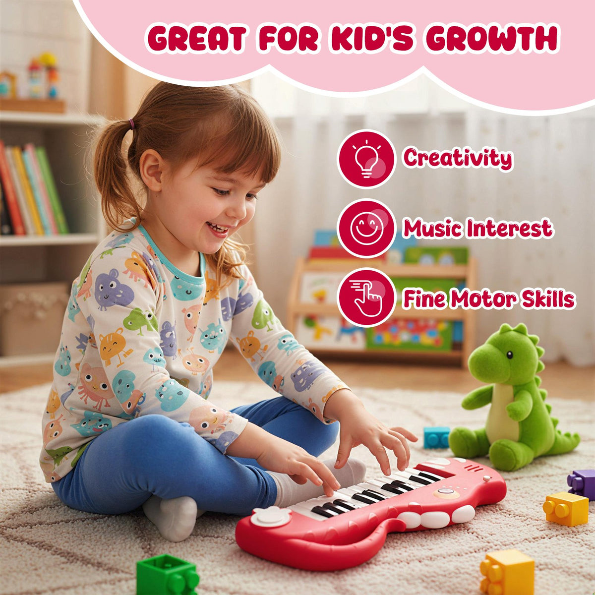 25-Key Kids Piano Keyboard Dinosaur Shape Toy Digital Piano with Built-in Music & Light-Red view 6