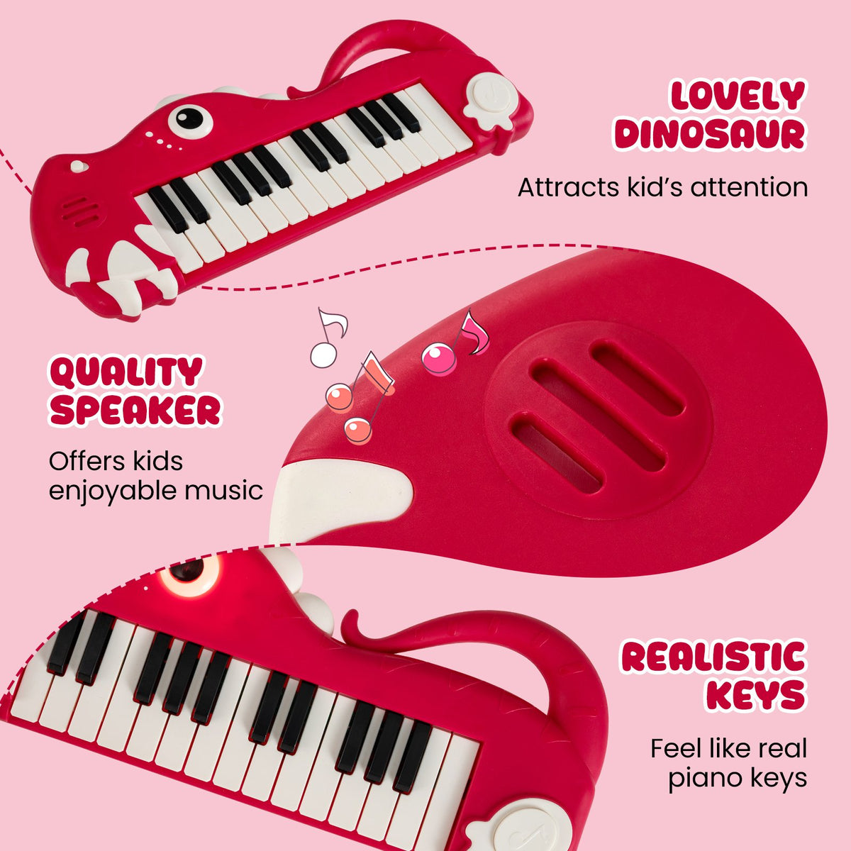 25-Key Kids Piano Keyboard Dinosaur Shape Toy Digital Piano with Built-in Music & Light-Red view 7
