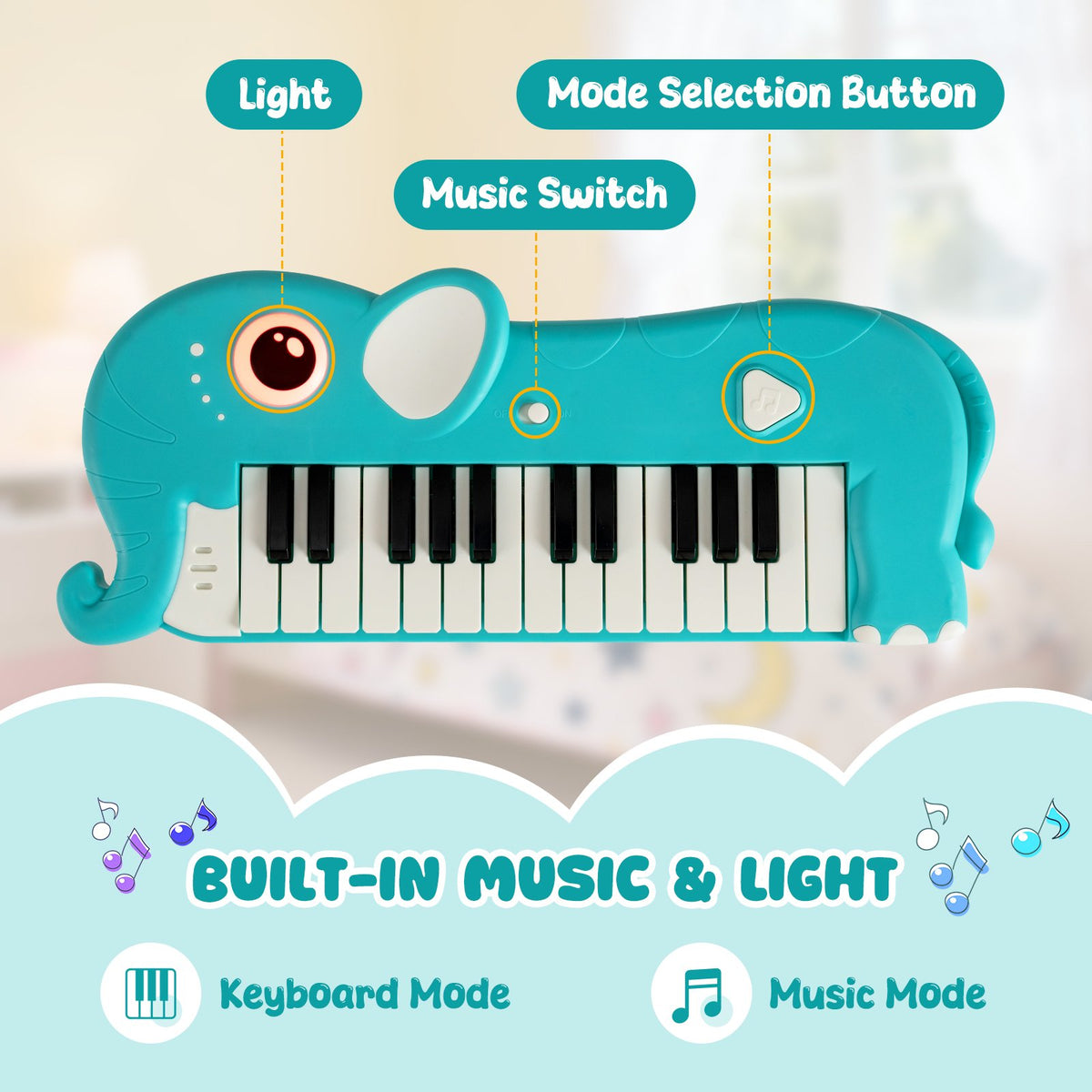 25-Key Kids Piano Keyboard Elephant Shape Toy Digital Piano with Built-in Music and Light-Blue view 7