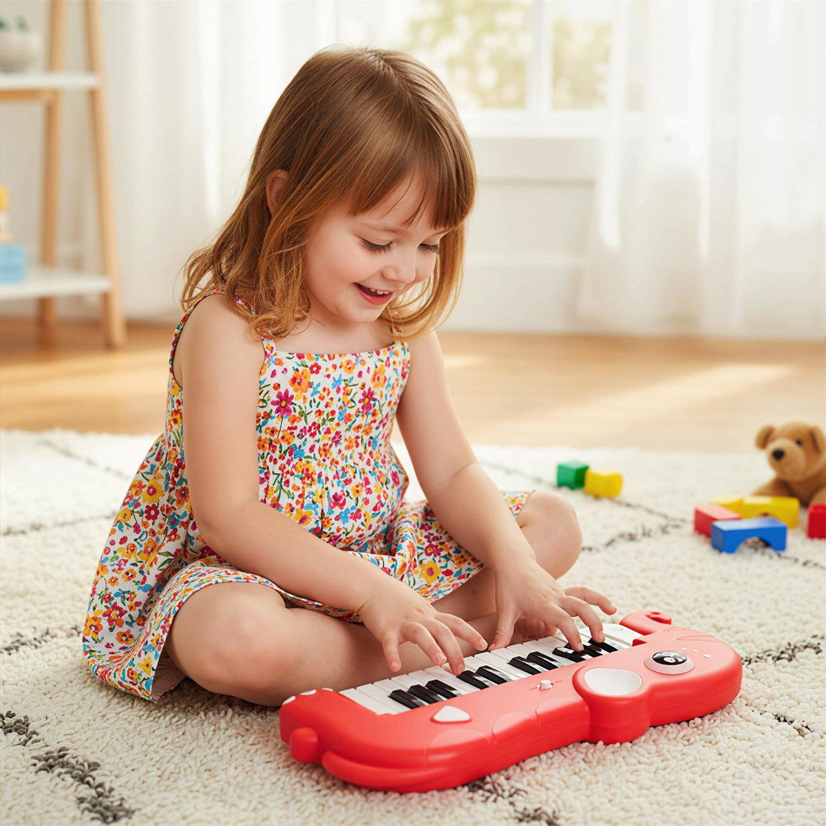 25-Key Kids Piano Keyboard Elephant Shape Toy Digital Piano with Built-in Music and Light-Red view 2