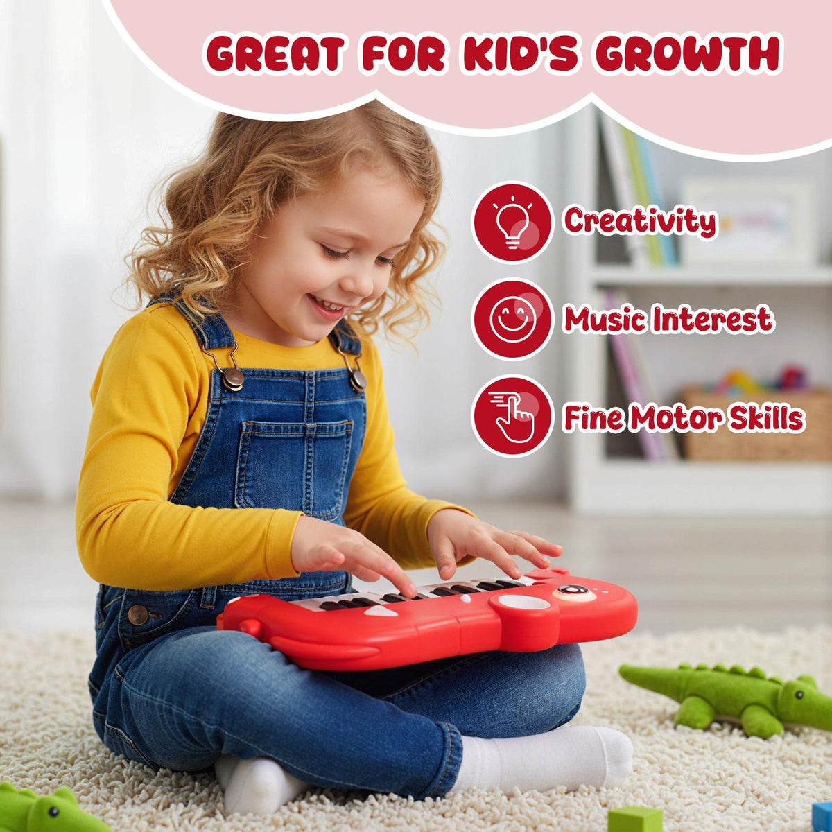 25-Key Kids Piano Keyboard Elephant Shape Toy Digital Piano with Built-in Music and Light-Red view 6