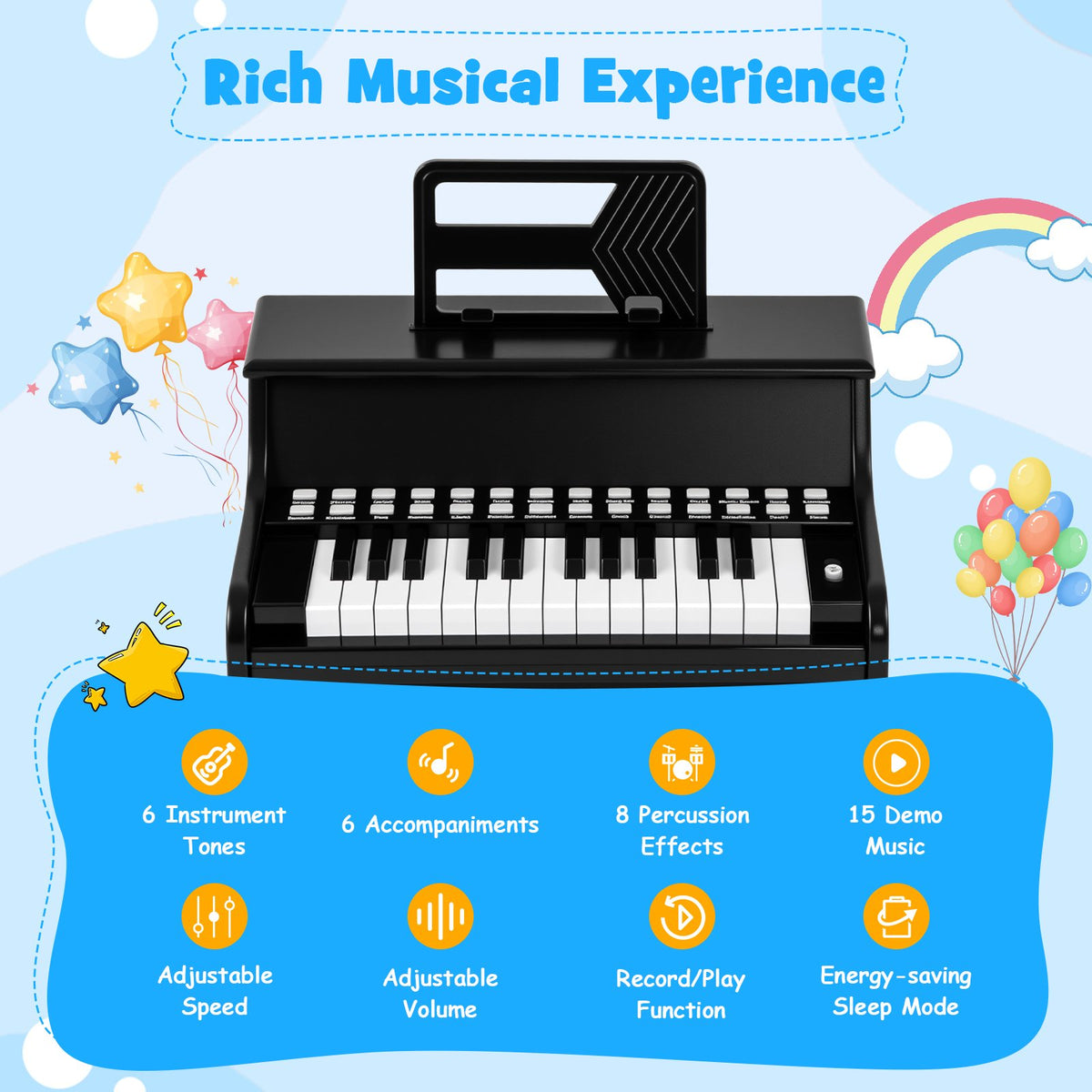 25 Keys Kids Piano Keyboard with Adjustable Speed and Teaching Mode-Black view 6