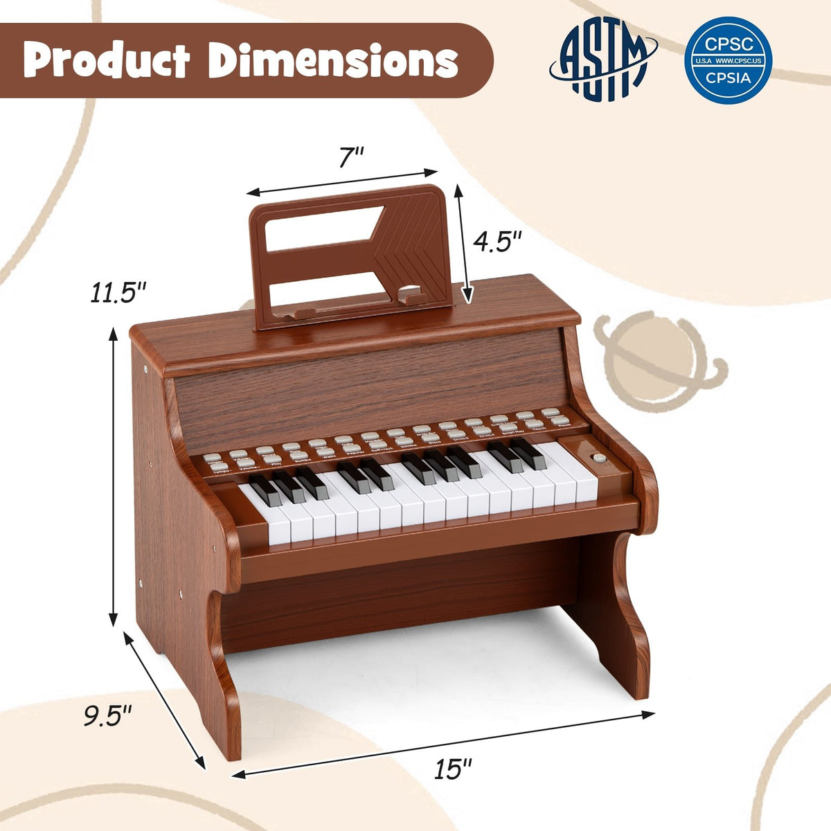 25 Keys Kids Piano Keyboard with Adjustable Speed and Teaching Mode-Brown view 4