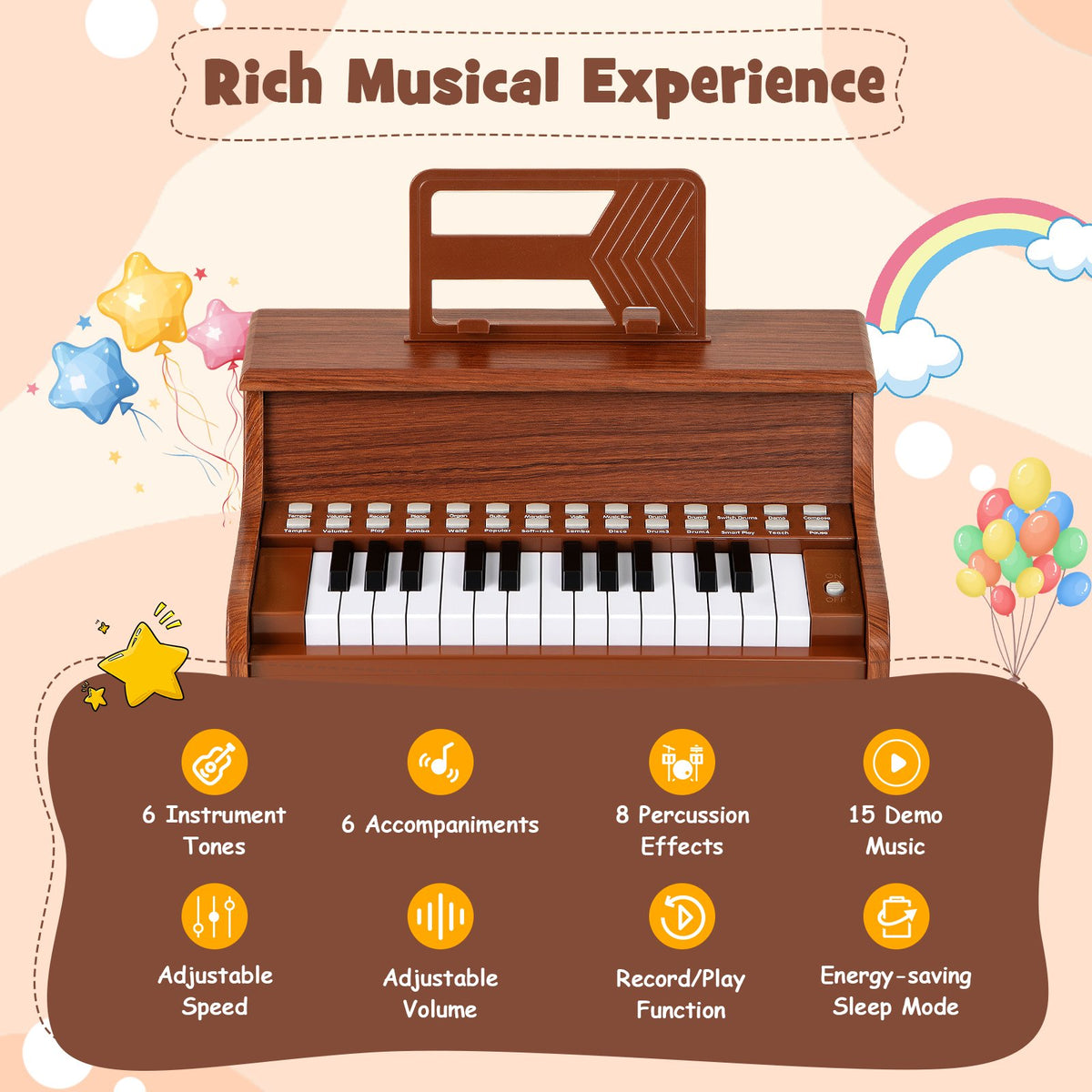 25 Keys Kids Piano Keyboard with Adjustable Speed and Teaching Mode-Brown view 5