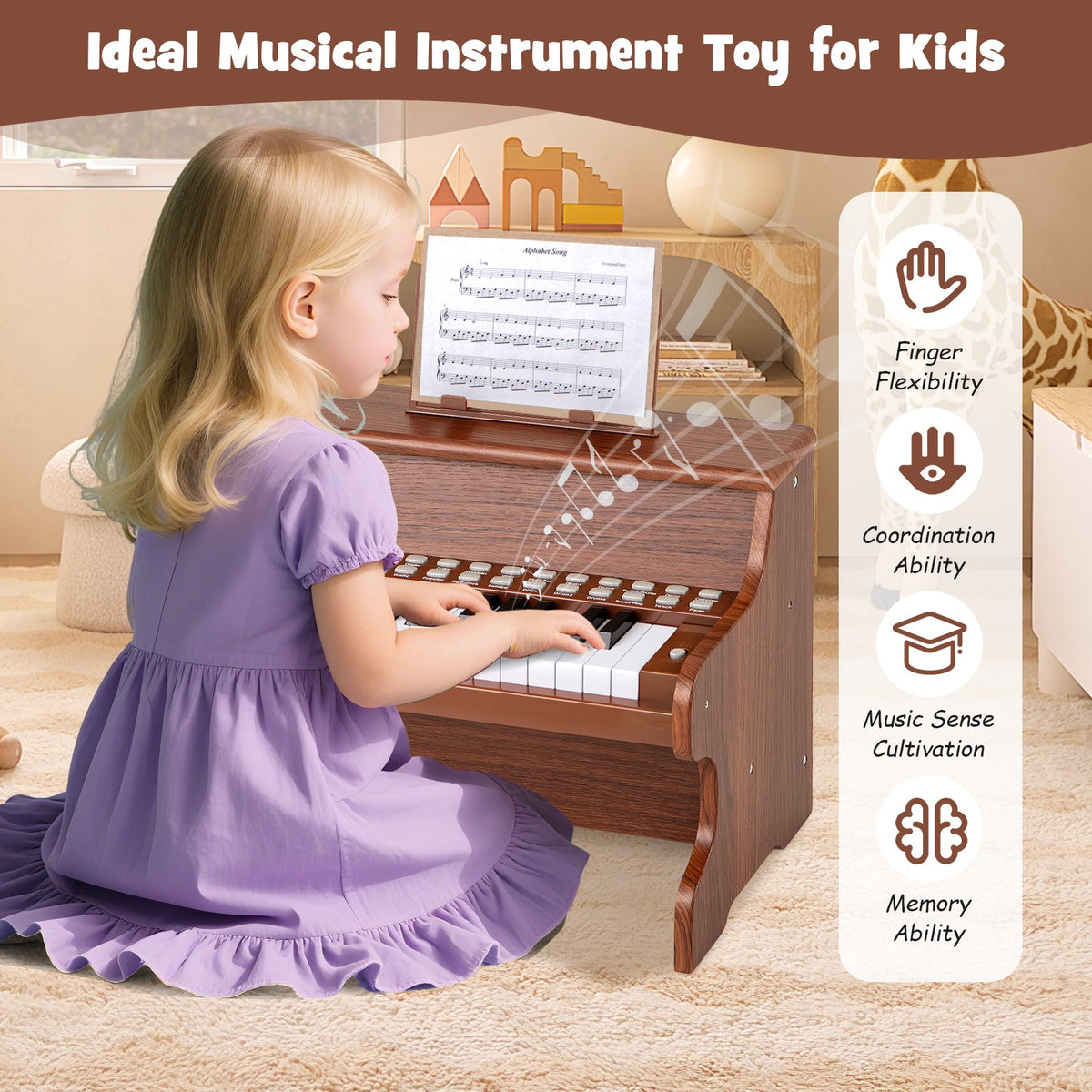 25 Keys Kids Piano Keyboard with Adjustable Speed and Teaching Mode-Brown view 8