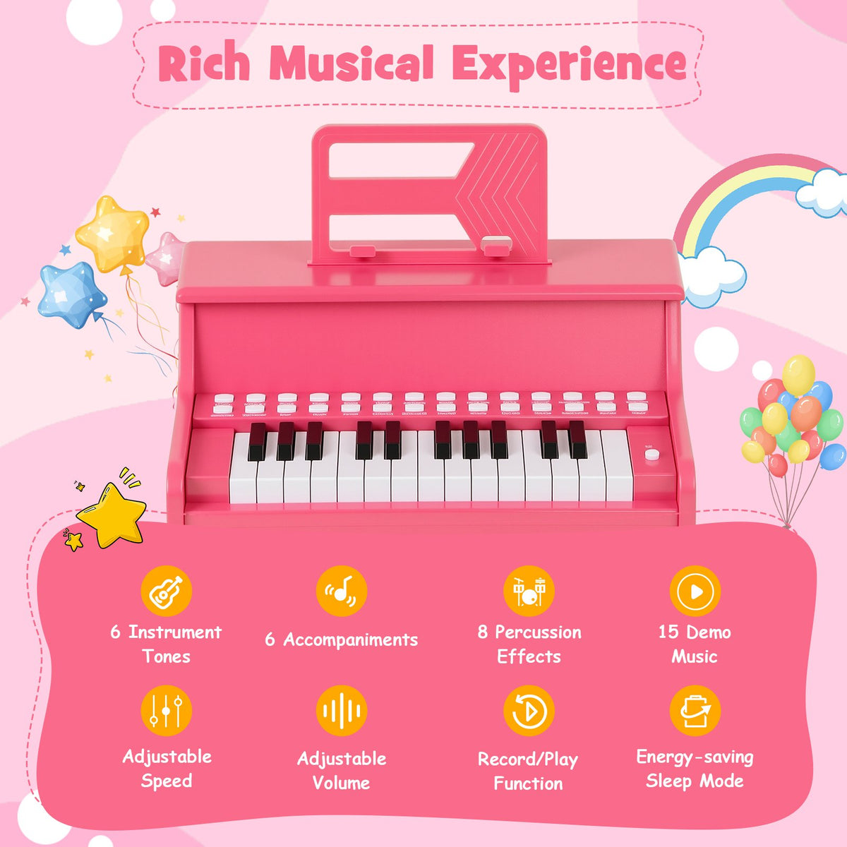 25 Keys Kids Piano Keyboard with Adjustable Speed and Teaching Mode-Pink view 5