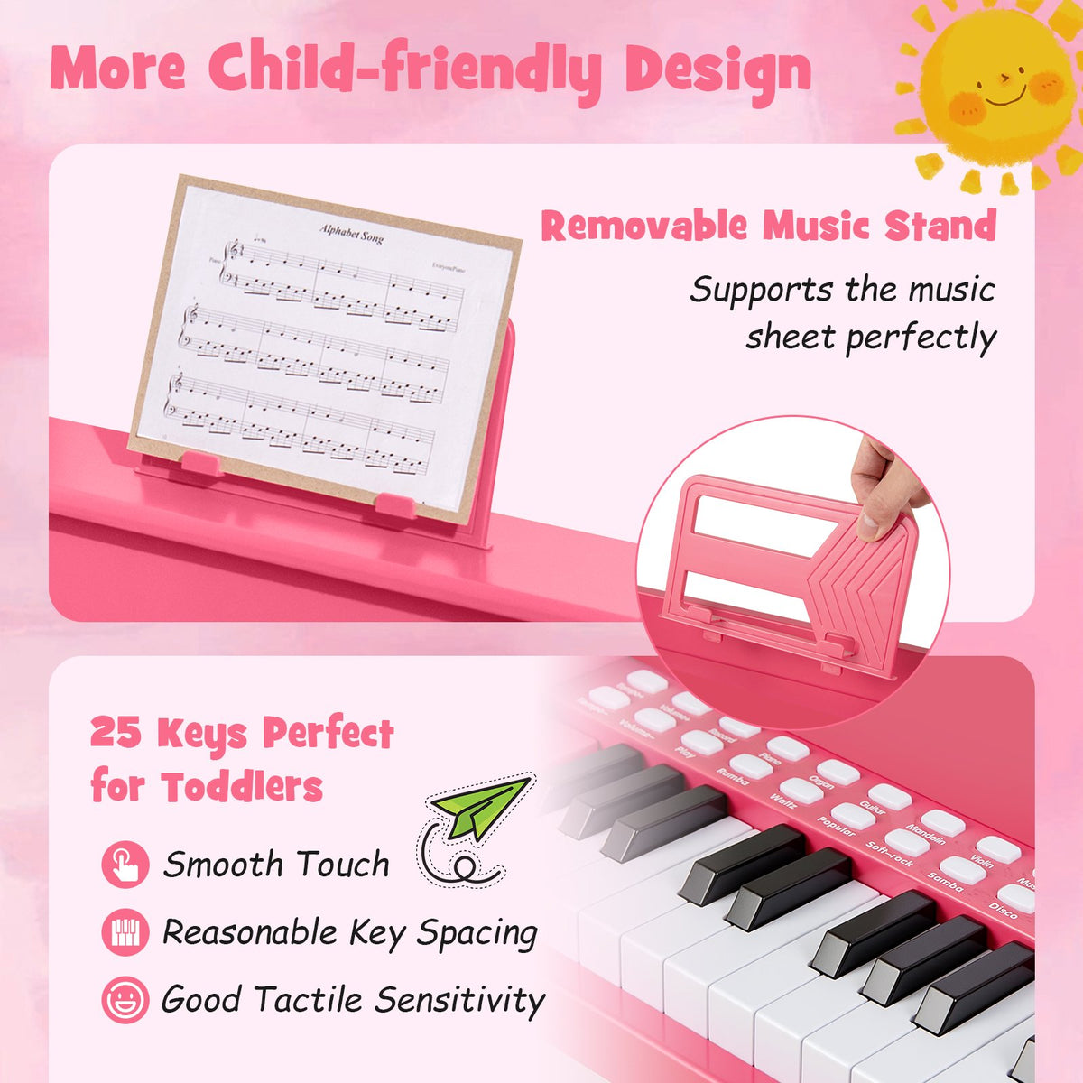 25 Keys Kids Piano Keyboard with Adjustable Speed and Teaching Mode-Pink view 7