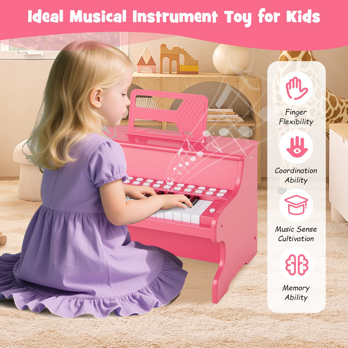 25 Keys Kids Piano Keyboard with Adjustable Speed and Teaching Mode-Pink view 8