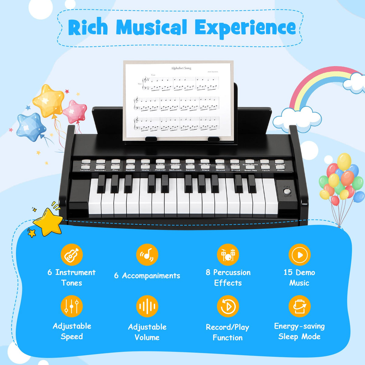 25 Keys Kids Piano Keyboard with Adjustable Speed and Volume-Black view 5