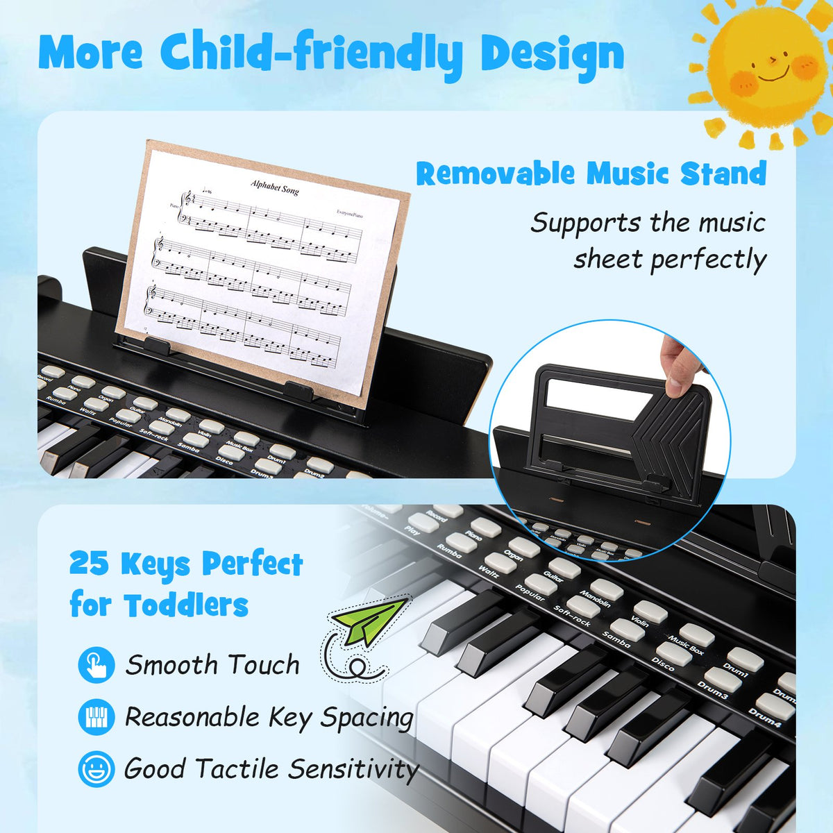 25 Keys Kids Piano Keyboard with Adjustable Speed and Volume-Black view 7