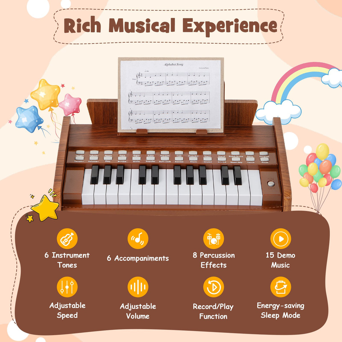 25 Keys Kids Piano Keyboard with Adjustable Speed and Volume-Brown view 5