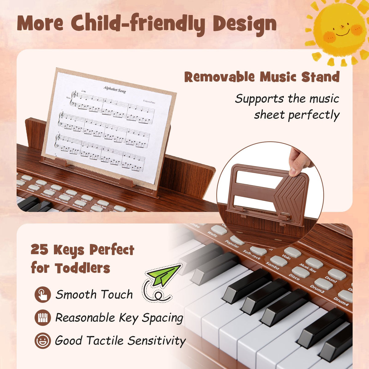 25 Keys Kids Piano Keyboard with Adjustable Speed and Volume-Brown view 7