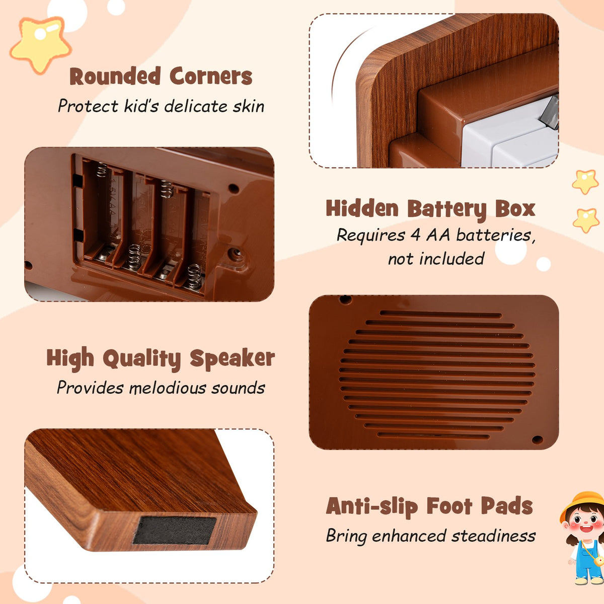 25 Keys Kids Piano Keyboard with Adjustable Speed and Volume-Brown view 9