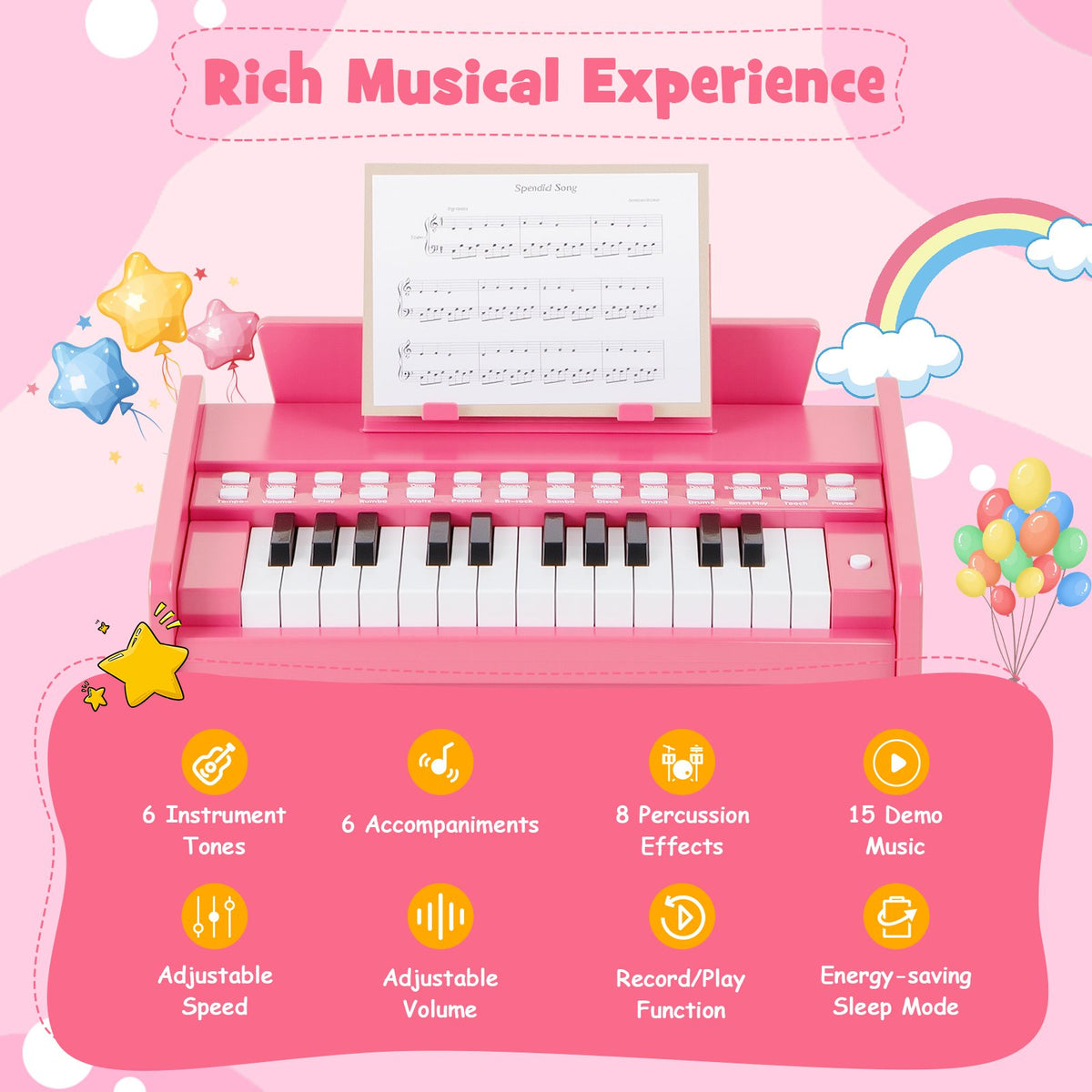 25 Keys Kids Piano Keyboard with Adjustable Speed and Volume-Pink view 5