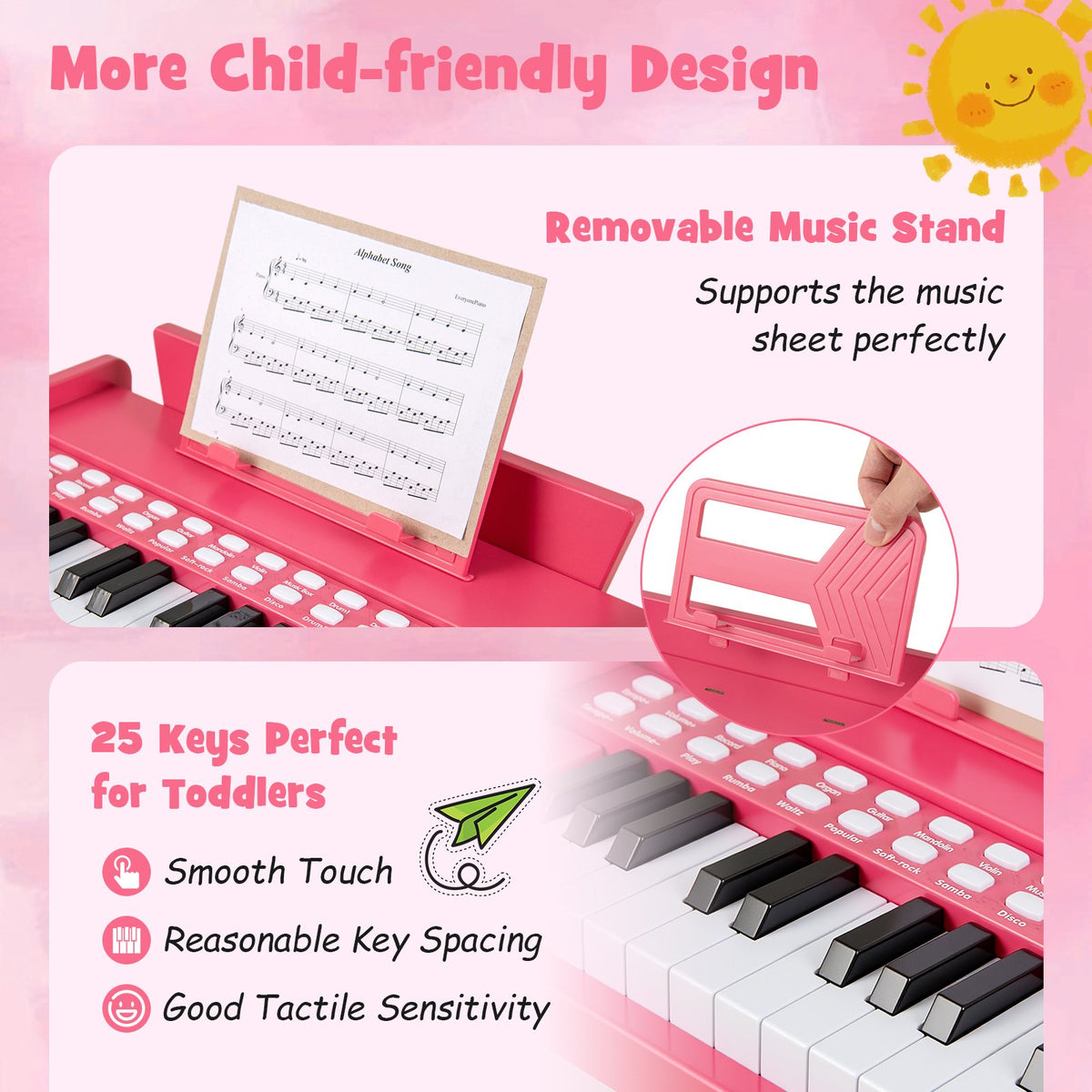 25 Keys Kids Piano Keyboard with Adjustable Speed and Volume-Pink view 7
