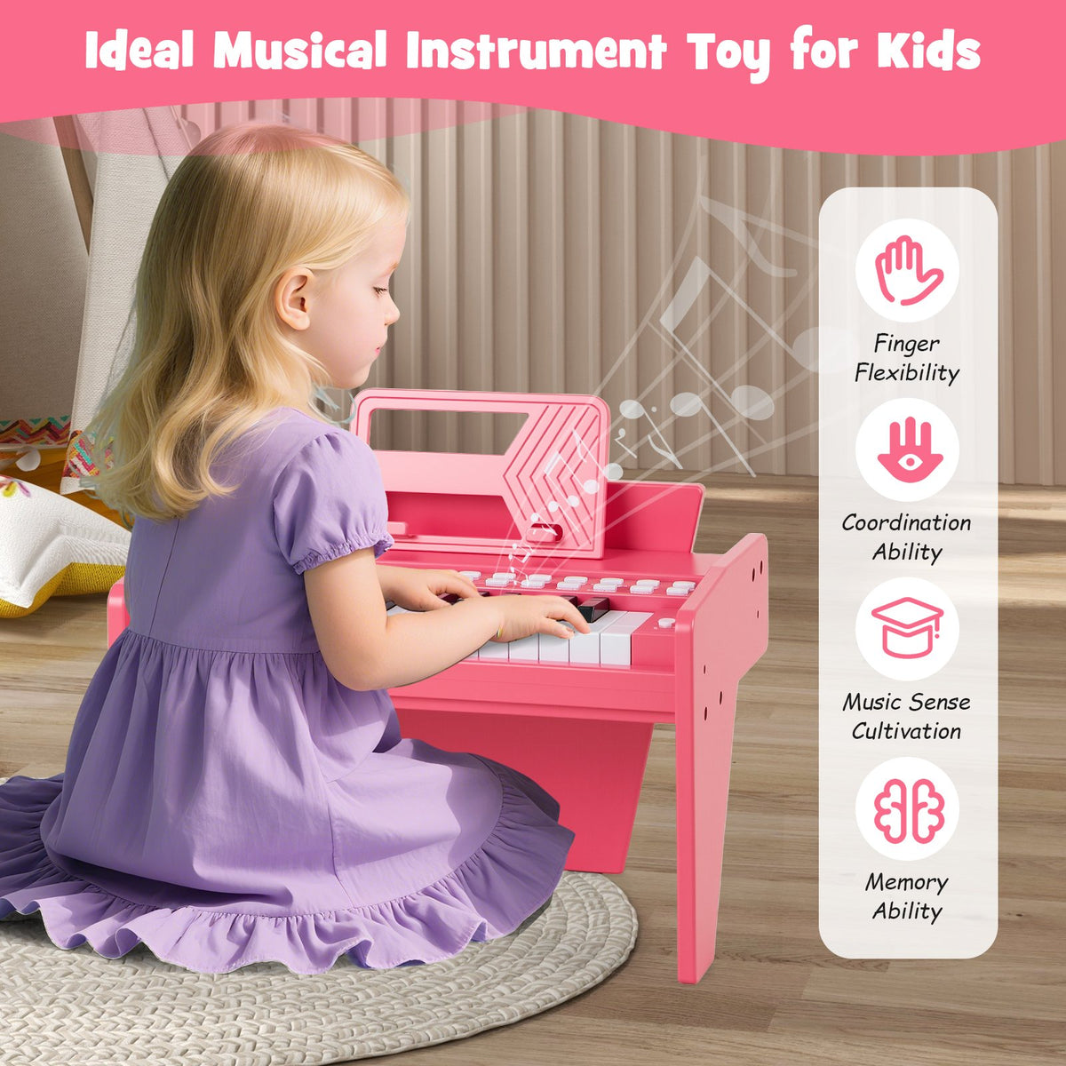 25 Keys Kids Piano Keyboard with Adjustable Speed and Volume-Pink view 8