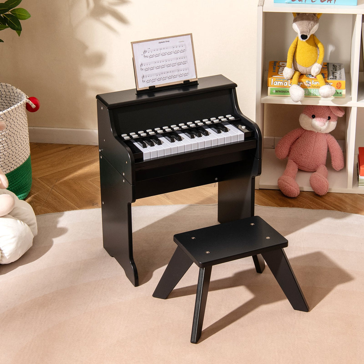 25 Keys Kids Piano Keyboard with Stool Mini Digital Piano Wooden Toy with Adjustable Speed and Volume-Black view 2