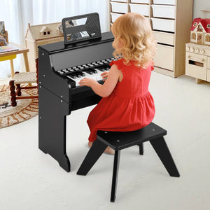 25 Keys Kids Piano Keyboard with Stool Mini Digital Piano Wooden Toy with Adjustable Speed and Volume-Black view 3