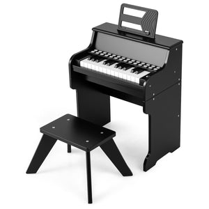 25 Keys Kids Piano Keyboard with Stool Mini Digital Piano Wooden Toy with Adjustable Speed and Volume-Black view 4