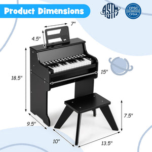 25 Keys Kids Piano Keyboard with Stool Mini Digital Piano Wooden Toy with Adjustable Speed and Volume-Black view 5