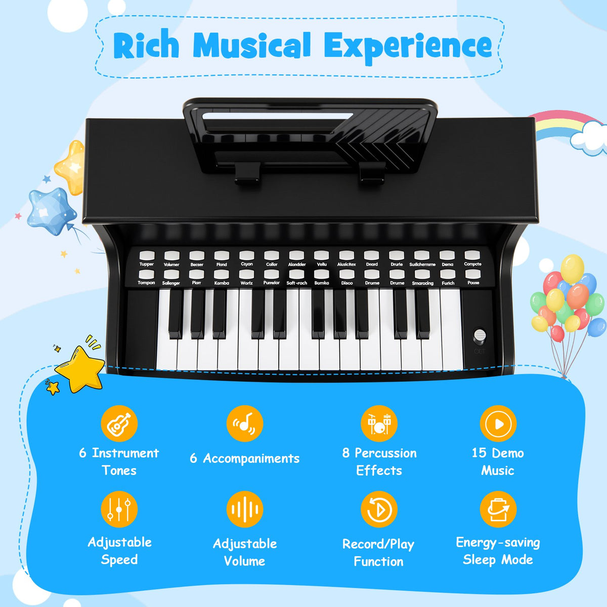 25 Keys Kids Piano Keyboard with Stool Mini Digital Piano Wooden Toy with Adjustable Speed and Volume-Black view 6