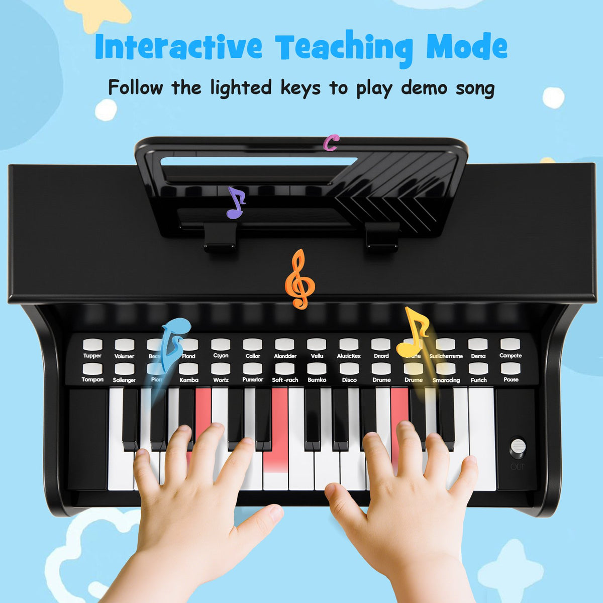 25 Keys Kids Piano Keyboard with Stool Mini Digital Piano Wooden Toy with Adjustable Speed and Volume-Black view 7