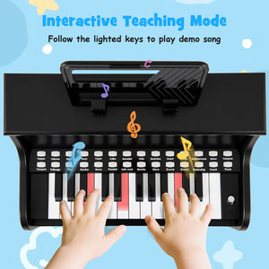 25 Keys Kids Piano Keyboard with Stool Mini Digital Piano Wooden Toy with Adjustable Speed and Volume-Black view 7