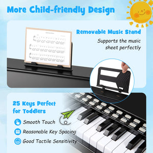 25 Keys Kids Piano Keyboard with Stool Mini Digital Piano Wooden Toy with Adjustable Speed and Volume-Black view 8