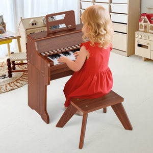 25 Keys Kids Piano Keyboard with Stool Mini Digital Piano Wooden Toy with Adjustable Speed and Volume-Brown view 3