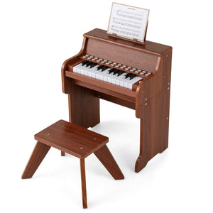 25 Keys Kids Piano Keyboard with Stool Mini Digital Piano Wooden Toy with Adjustable Speed and Volume-Brown view 4