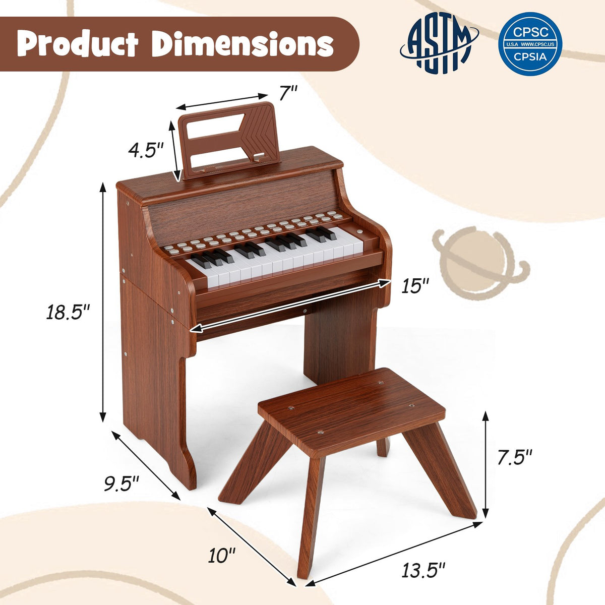 25 Keys Kids Piano Keyboard with Stool Mini Digital Piano Wooden Toy with Adjustable Speed and Volume-Brown view 5