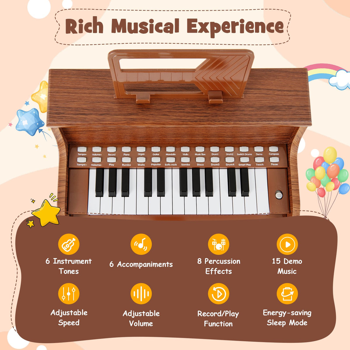 25 Keys Kids Piano Keyboard with Stool Mini Digital Piano Wooden Toy with Adjustable Speed and Volume-Brown view 6