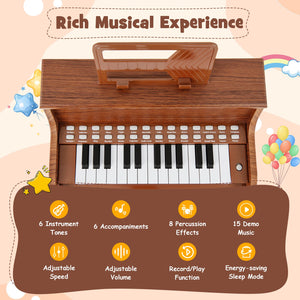 25 Keys Kids Piano Keyboard with Stool Mini Digital Piano Wooden Toy with Adjustable Speed and Volume-Brown view 6
