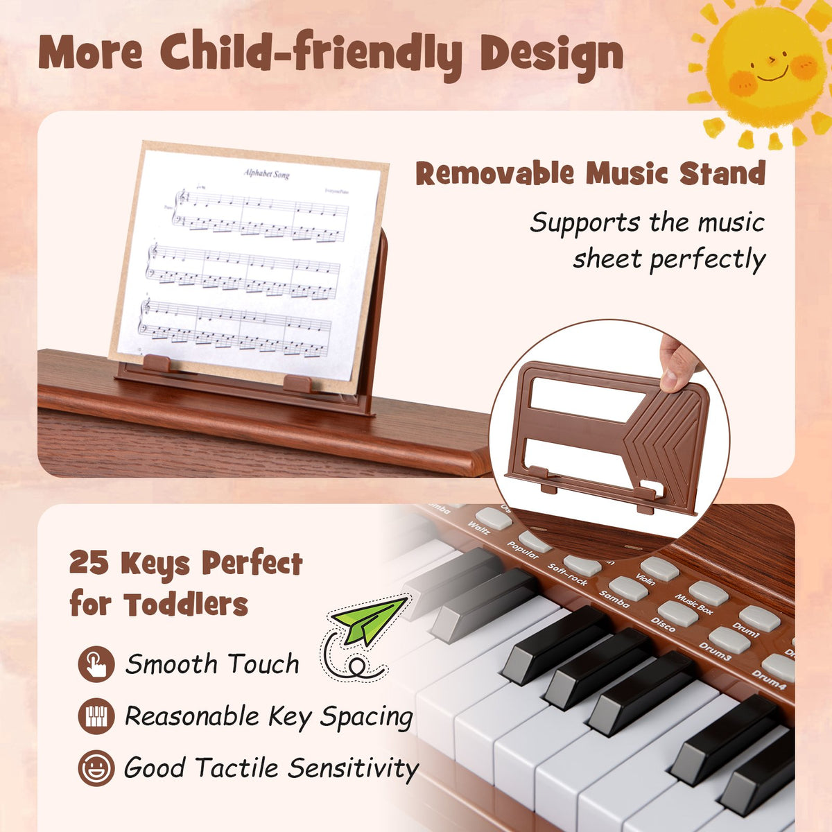 25 Keys Kids Piano Keyboard with Stool Mini Digital Piano Wooden Toy with Adjustable Speed and Volume-Brown view 8