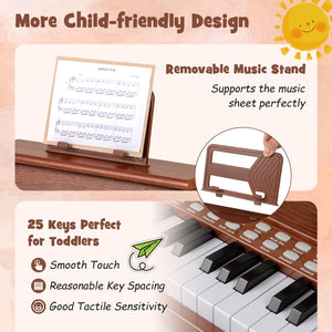 25 Keys Kids Piano Keyboard with Stool Mini Digital Piano Wooden Toy with Adjustable Speed and Volume-Brown view 8