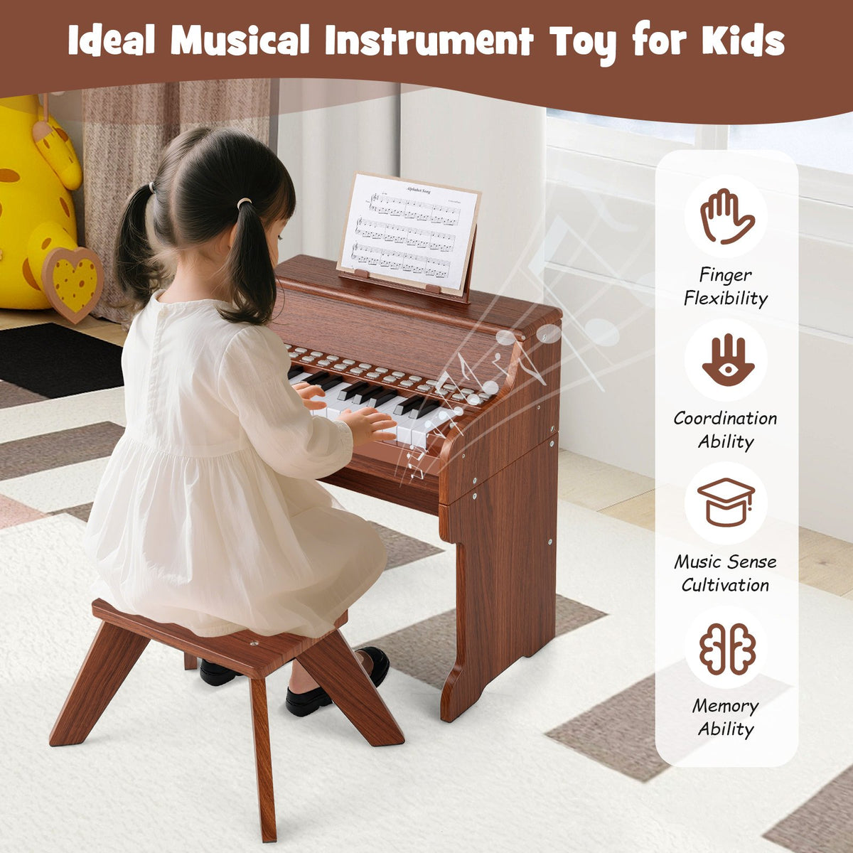 25 Keys Kids Piano Keyboard with Stool Mini Digital Piano Wooden Toy with Adjustable Speed and Volume-Brown view 9
