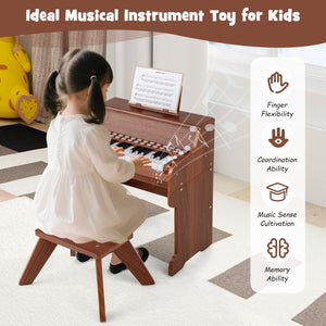 25 Keys Kids Piano Keyboard with Stool Mini Digital Piano Wooden Toy with Adjustable Speed and Volume-Brown view 9