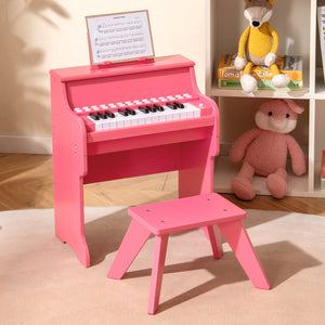 25 Keys Kids Piano Keyboard with Stool Mini Digital Piano Wooden Toy with Adjustable Speed and Volume-Pink view 2