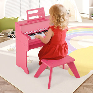 25 Keys Kids Piano Keyboard with Stool Mini Digital Piano Wooden Toy with Adjustable Speed and Volume-Pink view 3