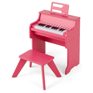 25 Keys Kids Piano Keyboard with Stool Mini Digital Piano Wooden Toy with Adjustable Speed and Volume-Pink view 4
