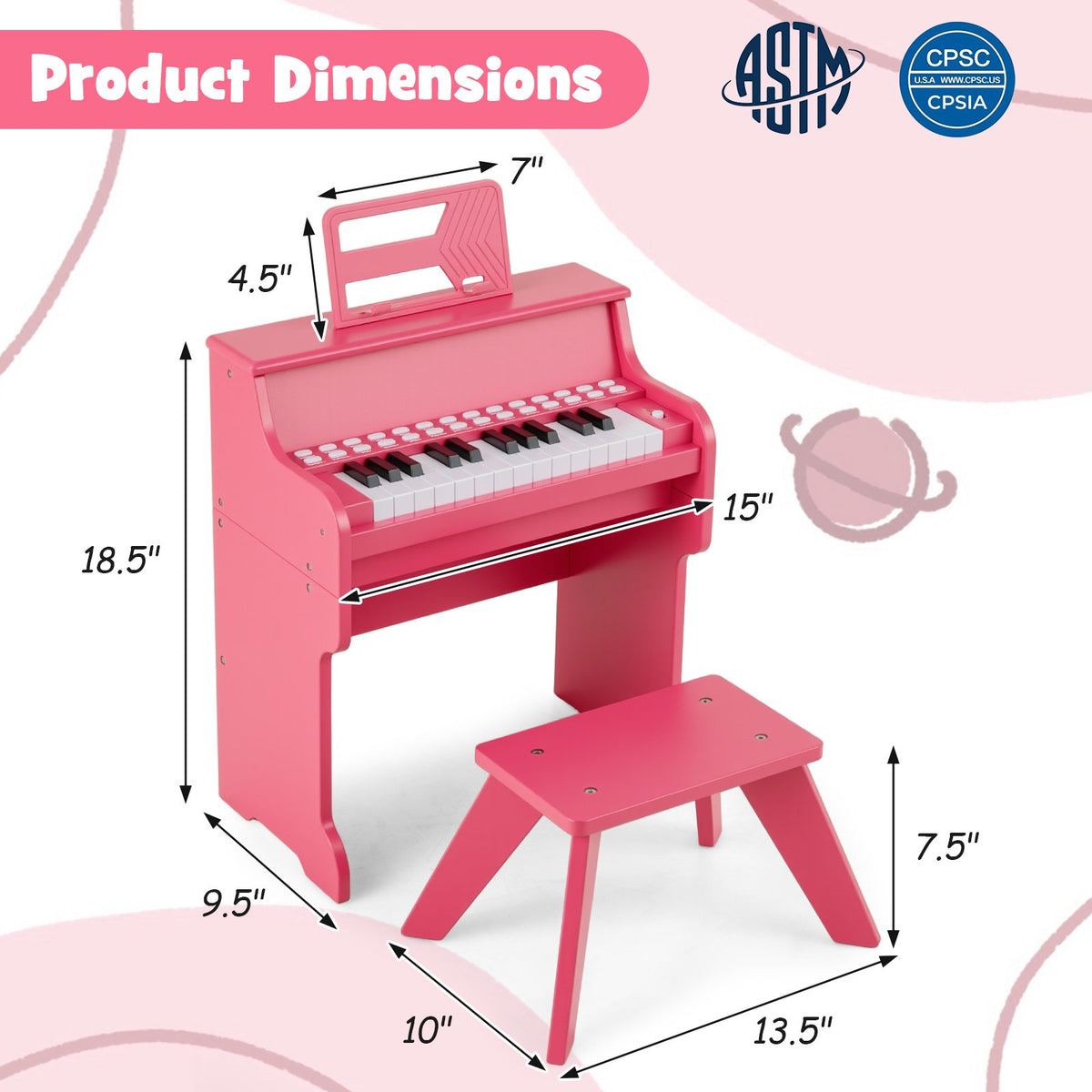 25 Keys Kids Piano Keyboard with Stool Mini Digital Piano Wooden Toy with Adjustable Speed and Volume-Pink view 5