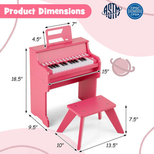 25 Keys Kids Piano Keyboard with Stool Mini Digital Piano Wooden Toy with Adjustable Speed and Volume-Pink view 5