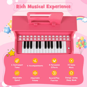 25 Keys Kids Piano Keyboard with Stool Mini Digital Piano Wooden Toy with Adjustable Speed and Volume-Pink view 6