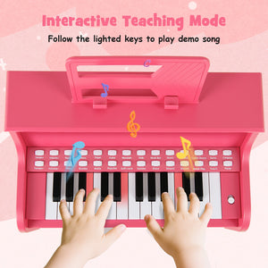 25 Keys Kids Piano Keyboard with Stool Mini Digital Piano Wooden Toy with Adjustable Speed and Volume-Pink view 7