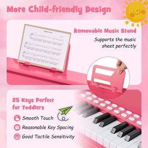 25 Keys Kids Piano Keyboard with Stool Mini Digital Piano Wooden Toy with Adjustable Speed and Volume-Pink view 8