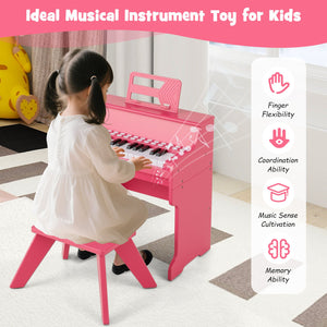 25 Keys Kids Piano Keyboard with Stool Mini Digital Piano Wooden Toy with Adjustable Speed and Volume-Pink view 9